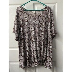 EST 1948 Top Womens Plus 26/28 Brown White Stretchy Knit Top Front Knot Textured